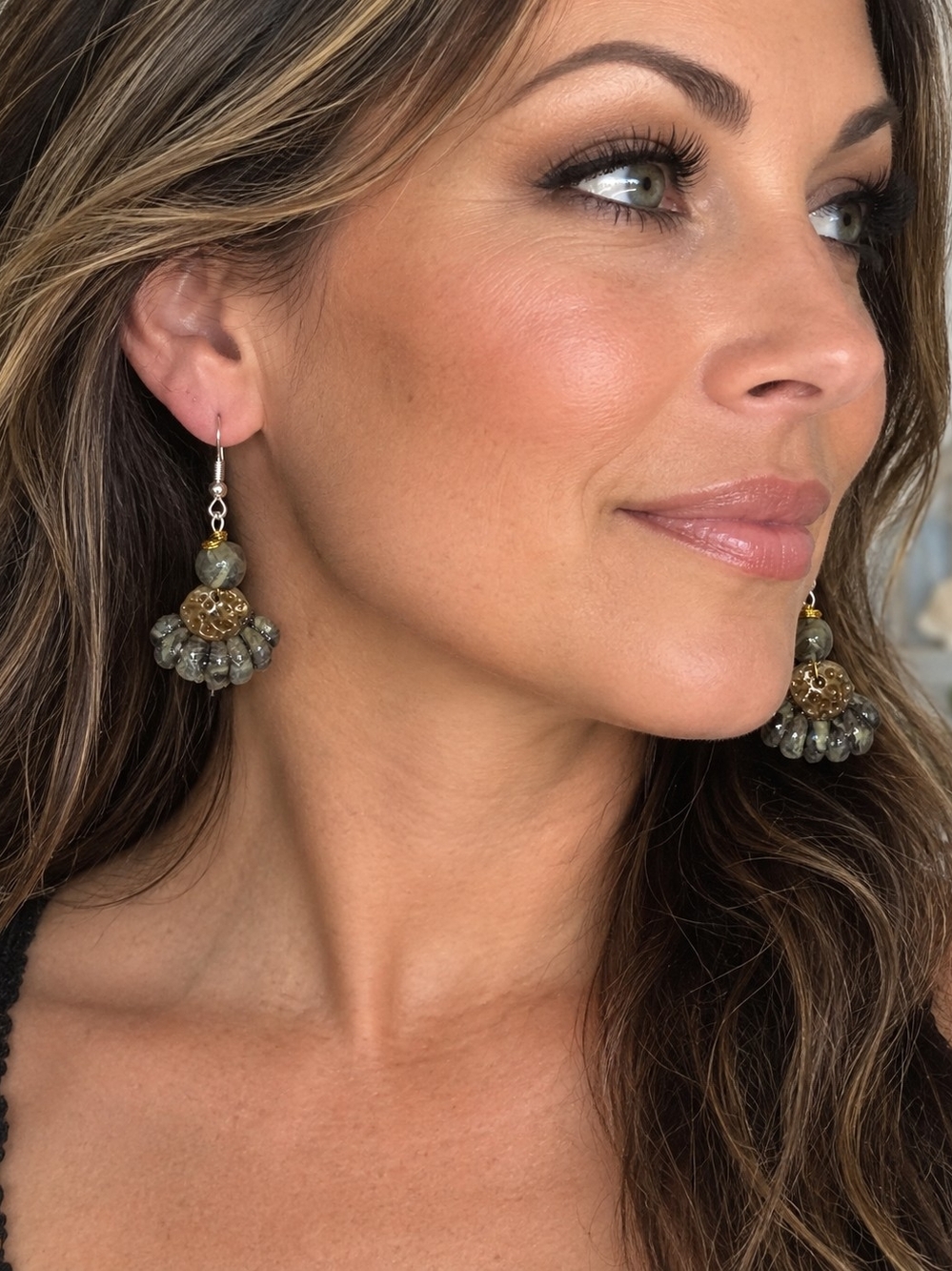 Beaded Cluster Drop Earrings in Gray and Gold